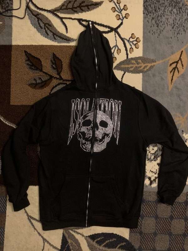 Custom Full Face Zip Up Skeleton Rhinestone Hoodie - Image 2