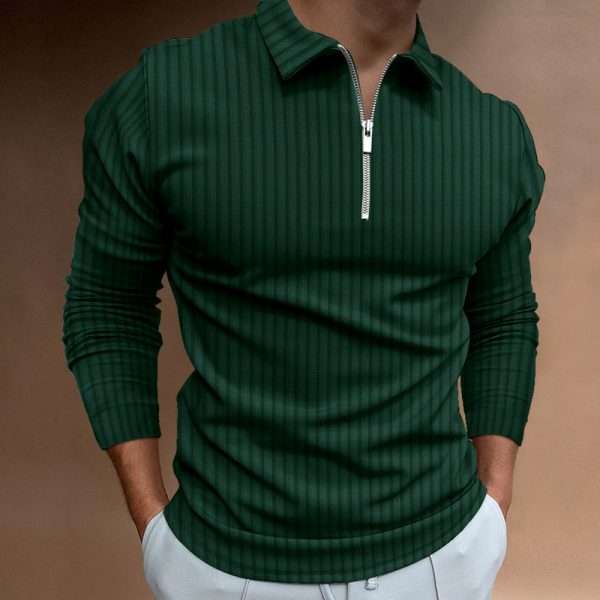 Long Sleeve Golf Striped Zipper Polo Shirt - Image 2