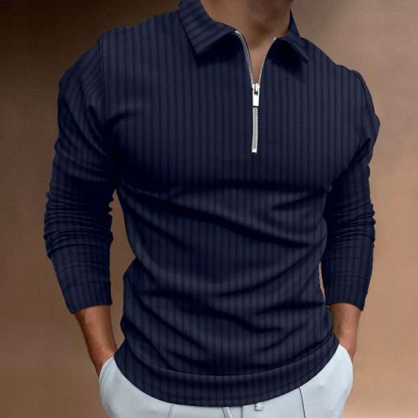 Long Sleeve Golf Striped Zipper Polo Shirt - Image 3