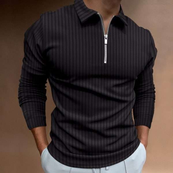 Long Sleeve Golf Striped Zipper Polo Shirt - Image 4